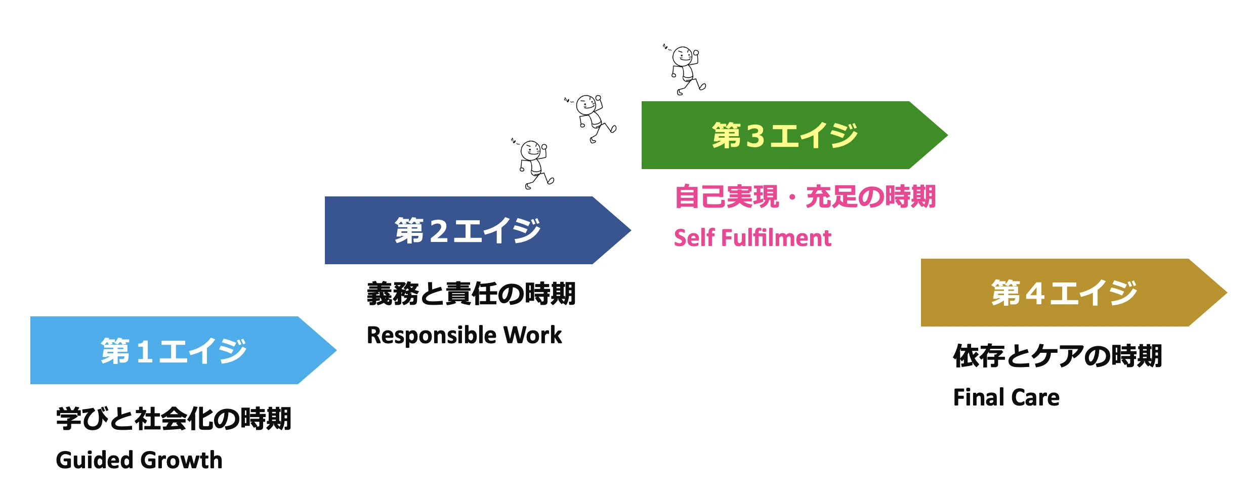 人生の4段階：第1エイジ（学びと社会化の時期）、第2エイジ（義務と責任の時期）、第3エイジ（自己実現・充足の時期）、第4エイジ（依存とケアの時期）